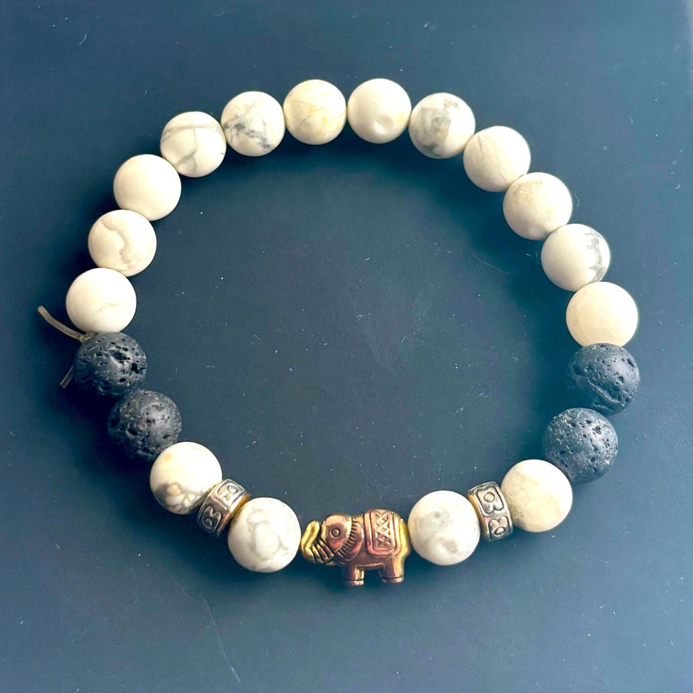 Howlite & Lava Stone Elephant Crystal Bracelet